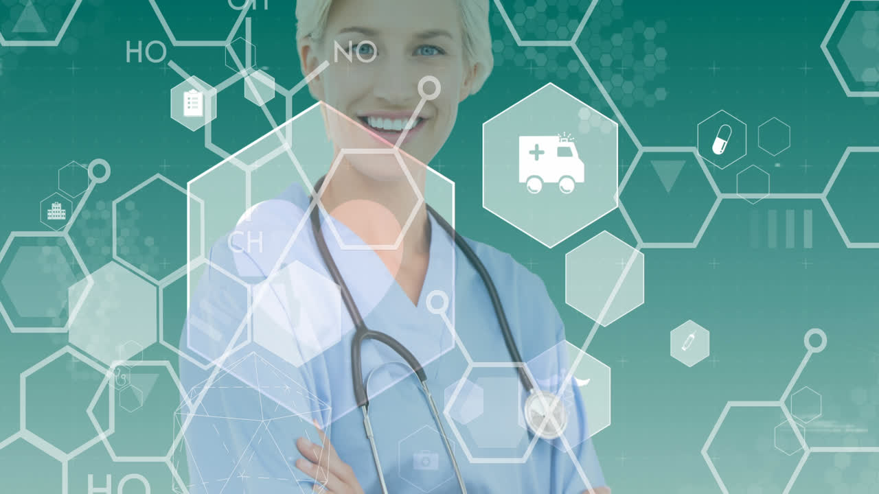 Animation of medical icons over smiling caucasian female doctror