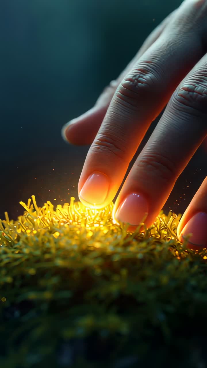 Vertical video: Lowering fingers, pressing glowing moss bed in studio, causing pulsing gold motes