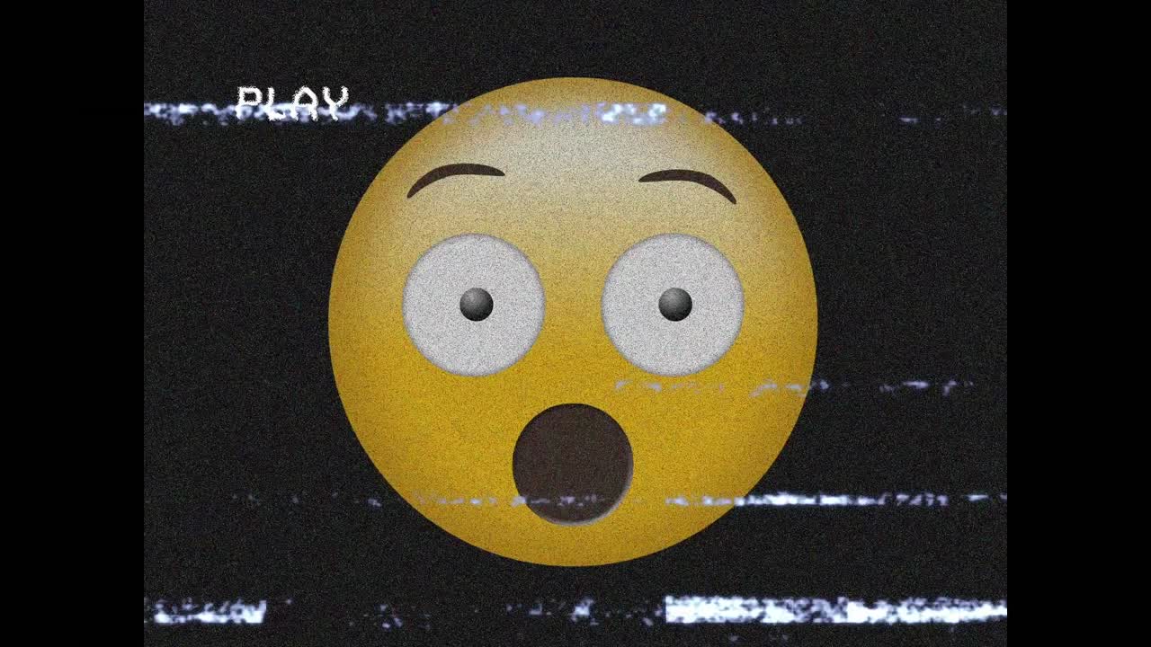 Digital animation of vhs glitch effect over surprised face emoji against black background
