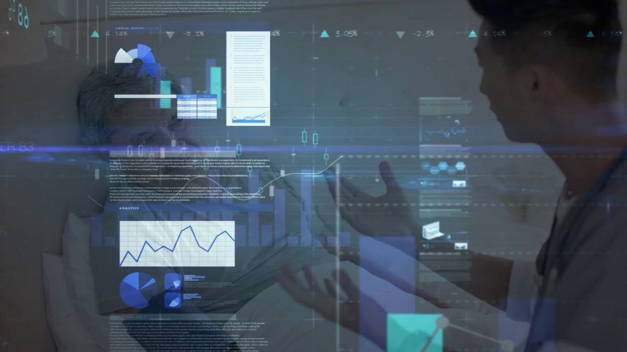 Clinician adjusting stethoscope and pointing at AR charts while explaining health data to patient
