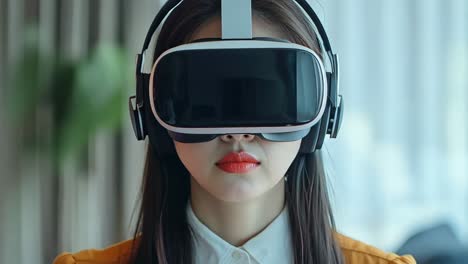 a woman wearing a yellow shirt and a pair of virtual reality glasses