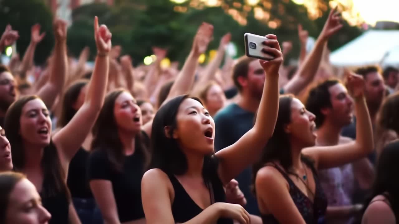 Fans Celebrate at Lively Outdoor Concert in Vibrant Summer Evening Atmosphere