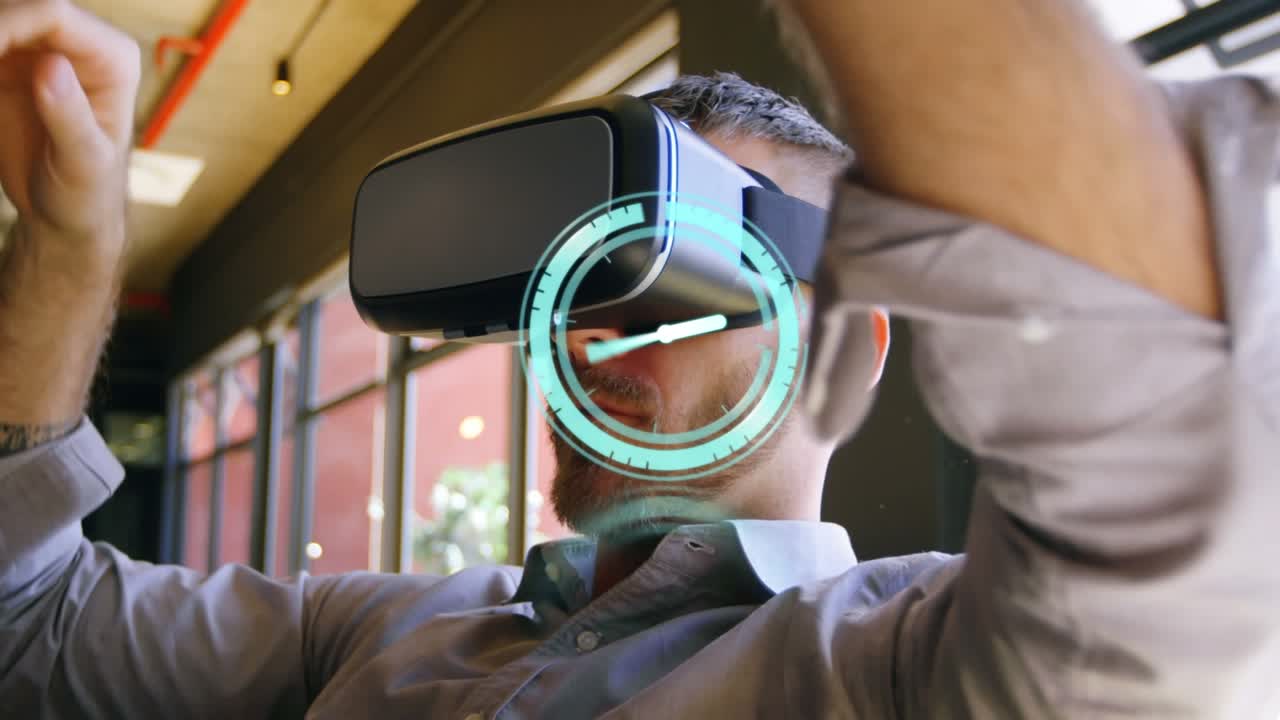 Animace hodin nad podnikatelem z Kavkazu s VR headsetem