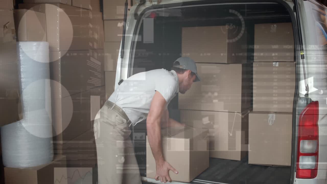 animación de estadísticas y procesamiento de datos financieros sobre el repartidor y la furgoneta