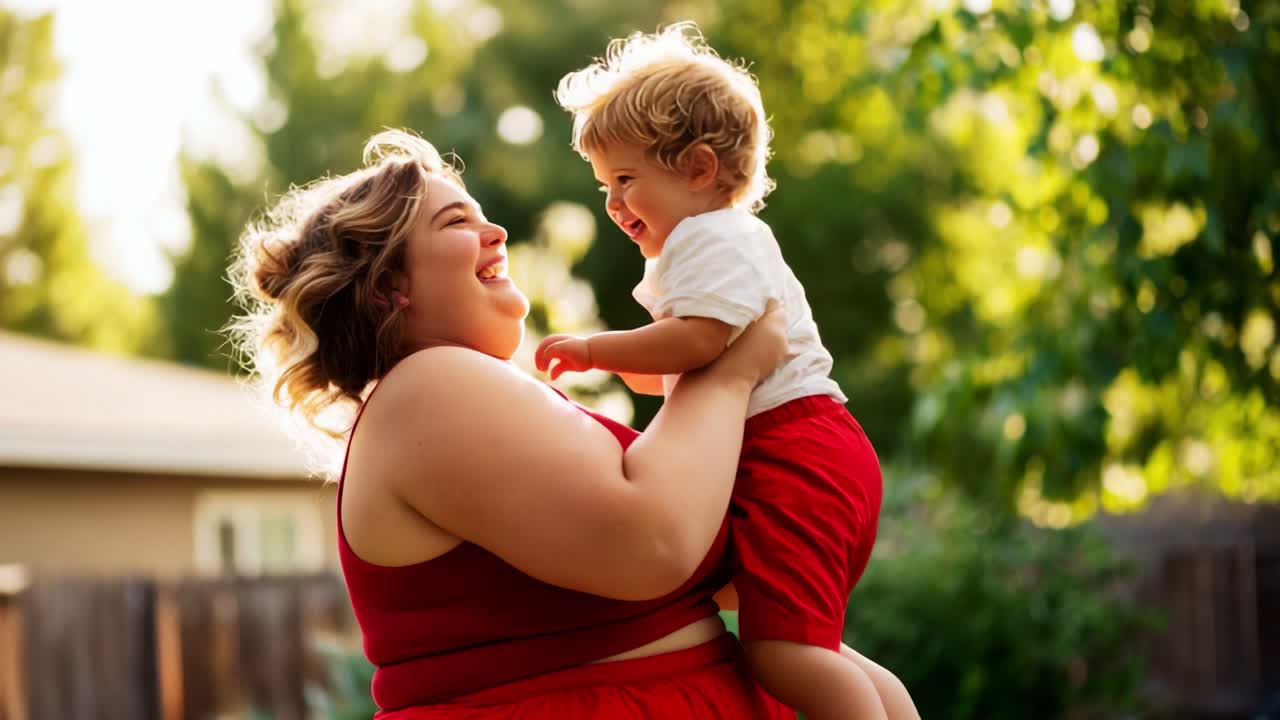 A joyful moment captured in the sunlight as a woman playfully lifts her delighted child in the air, creating a heartwarming scene filled with laughter and love in the great outdoors