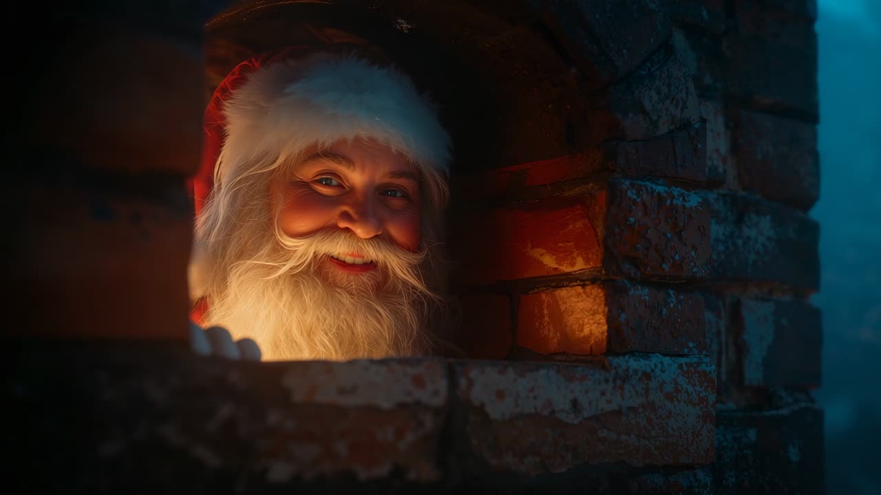 Climbing Santa emerging atop brick rooftop under winter sky, following flickering chimney light