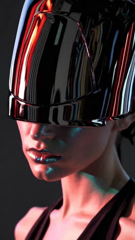 futuristic portrait with reflective visor and metallic lips