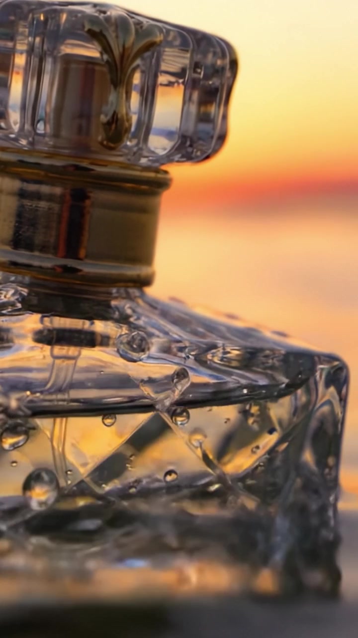Un'esplorazione ravvicinata di una bottiglia di profumo in cristallo contro un tramonto sereno, che ne evidenzia il design elegante e i riflessi accattivanti.