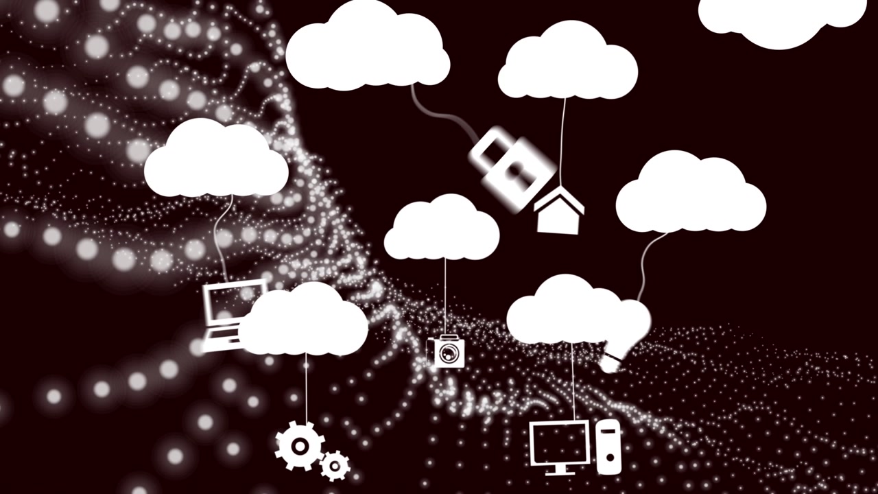 Animation of clouds with icons over light spots on black background
