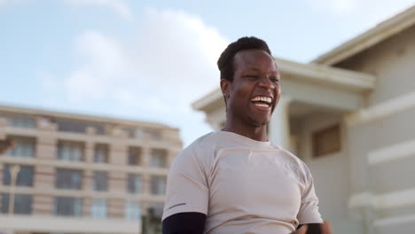 black man, watch and fist pump in fitness winning