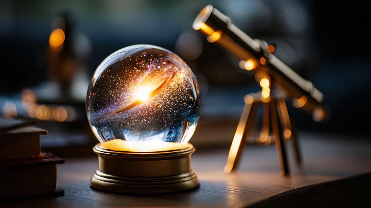 A mesmerizing cosmic crystal ball captures the swirling galaxies and nebulas within, reflecting the universe's mysteries while illuminated beside an elegant telescope, inviting exploration