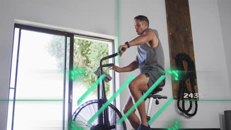 exercising on stationary bike, man with animation overlay in bright room
