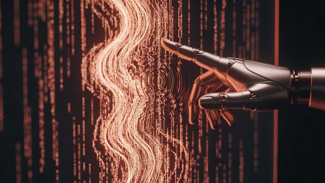 A Futuristic Robotic Hand Interacting with Flowing Data Streams, Showcasing the Intersection of Technology and Creativity in a Dynamic Digital Environment