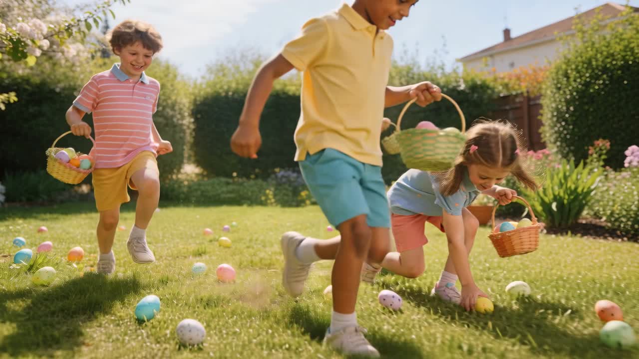 カラフルな衣装を着た4人の子供たちが裏庭で走り回り、編みかごを手にパステルカラーの卵を集めている。