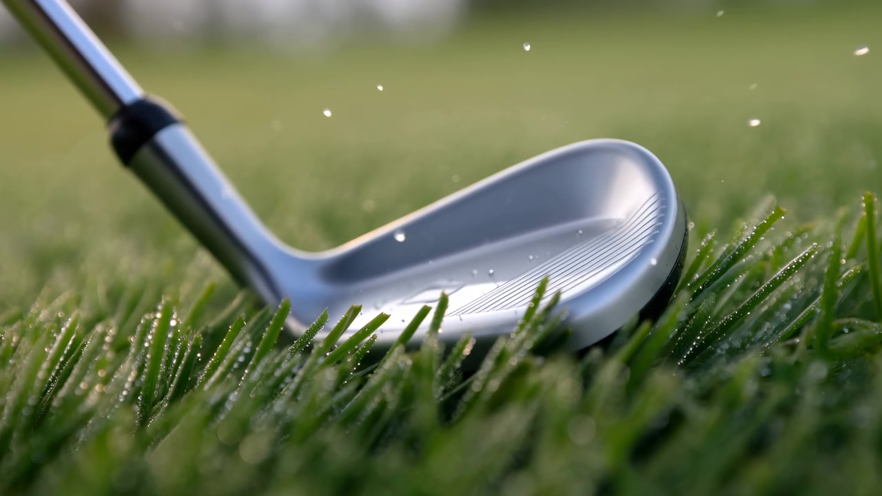 Een close-up van een golfclub die zwaait op een grasveld, waarbij de metalen en plastic constructie van de uitrusting wordt benadrukt. Deze buitenactiviteitsscène is actiegericht en bevat een mix.