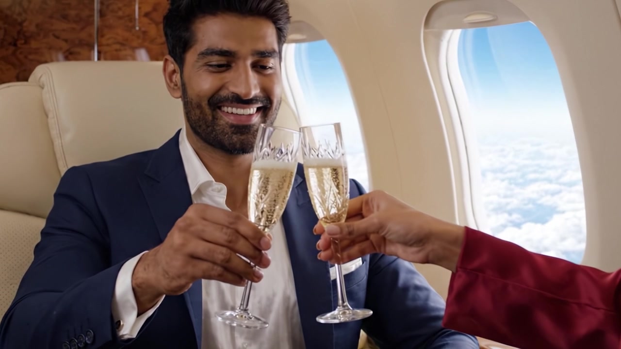 Un brindisi nel lusso: godersi lo champagne tra cieli nuvolosi a bordo di un jet privato, catturando momenti di eleganza e celebrazione