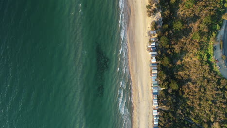 Perspectiva-Aérea-De-Arriba-Hacia-Abajo-Que-Muestra-Las-Cajas-De-La-Playa-De-Mornington-Alineadas-A-Lo-Largo-De-La-Playa-De-Arena