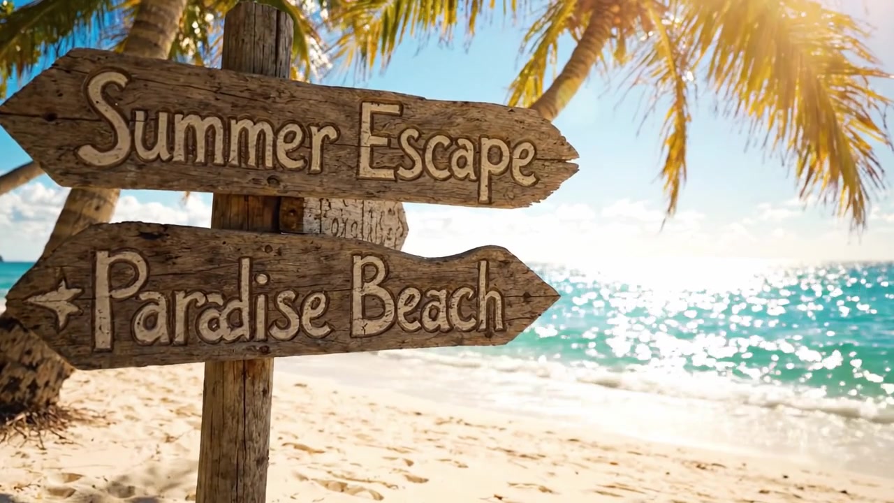 Eine einladende Sommerflucht: Ein wunderschöner Strandwegweiser, der zum Paradiesstrand weist, mit üppigen Palmen und funkelndem Wasser im Hintergrund.