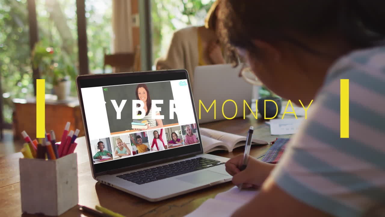 Cyber Monday animation on laptop screen during person working on video call