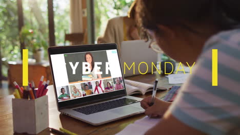 cyber monday animation on laptop screen during person working on video call
