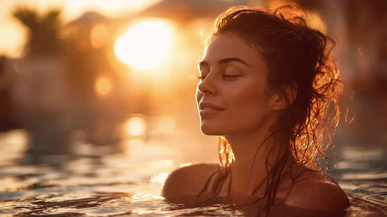 Femme profitant des reflets du coucher de soleil dans un cadre de piscine paisible