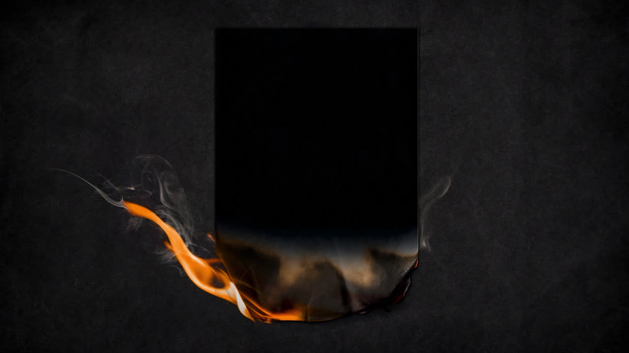 Burning paper live mockup animated overlay, transparent 4K video, alpha channel, ProRes 4444