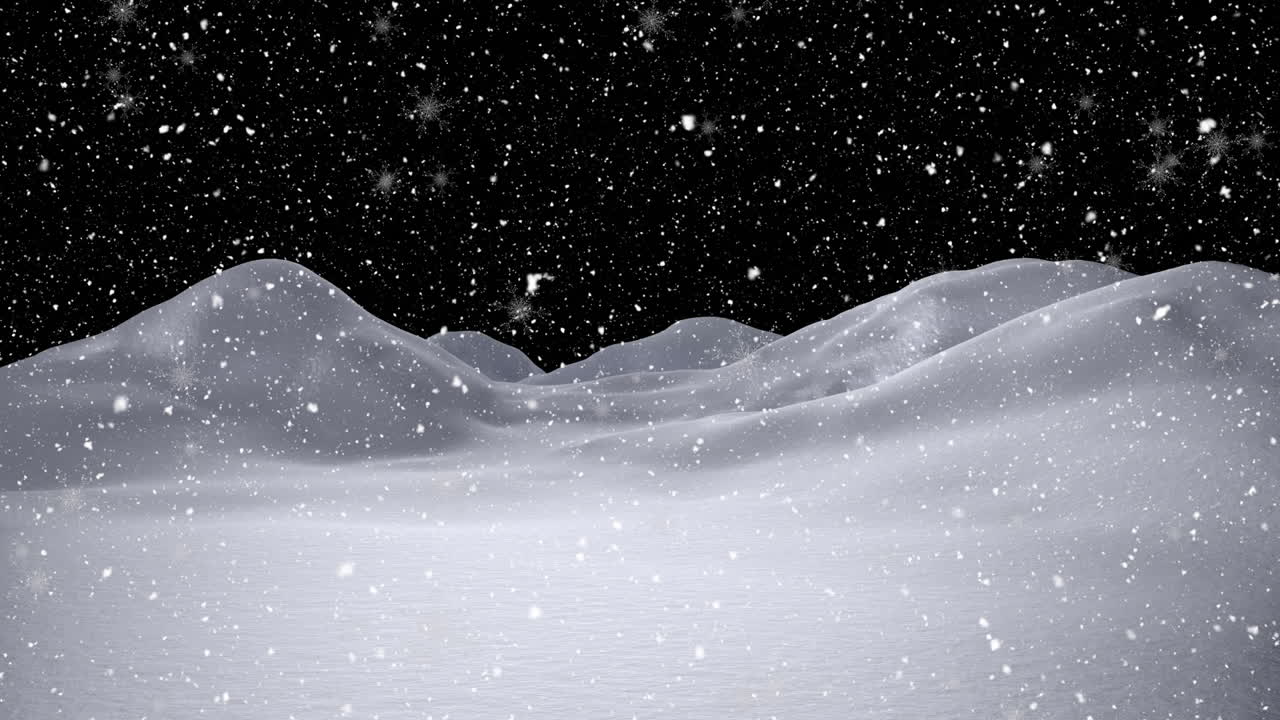 Animation of snow falling in winter landscape at night