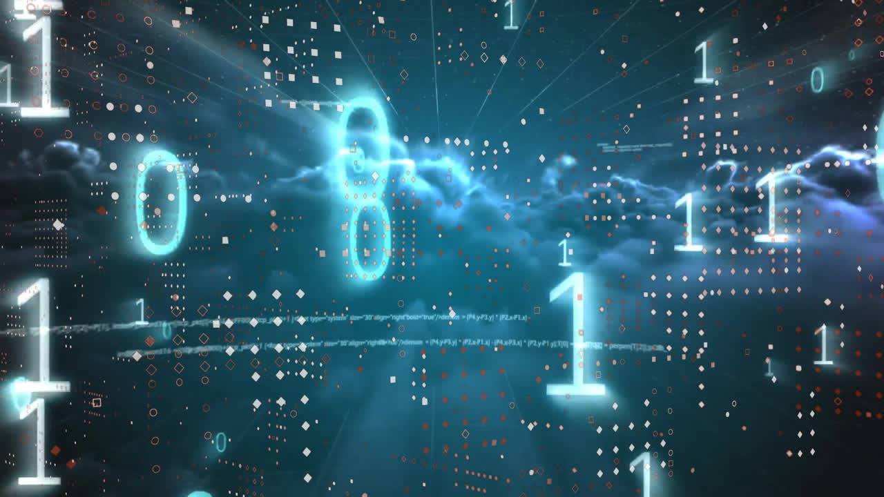 Animation of binary coding and data processing over dark background