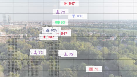 animation of social media icons and data processing over cityscape