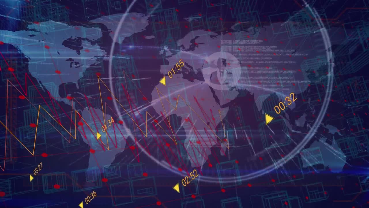 animación de gráficos y datos financieros sobre el mapa del mundo