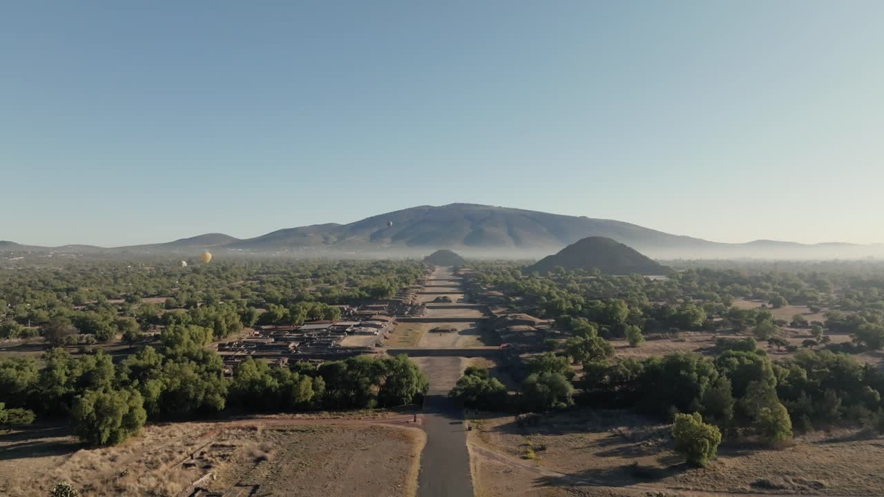 Amazing Shot Of Teotihuacan City of Gods, Aztec Pyramids, Hot Air Balloons Filling Blue Sky, Mexico