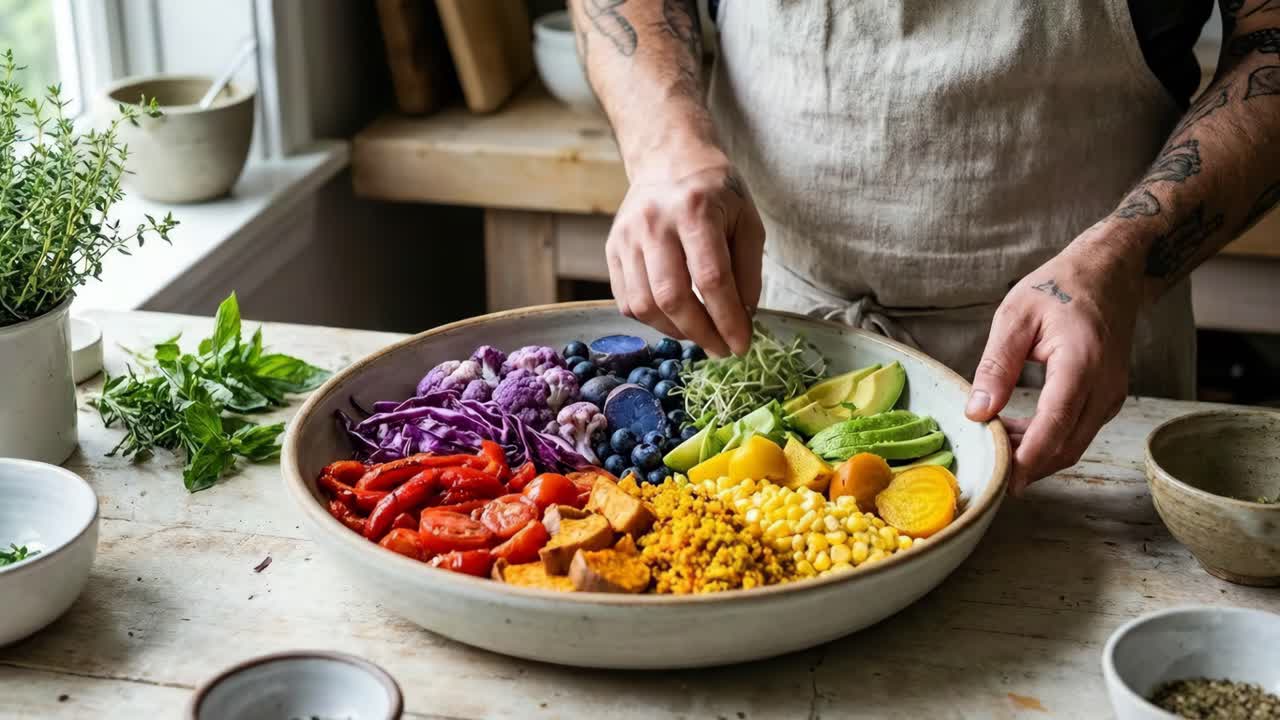 Preparazione di un'insalata vegana colorata