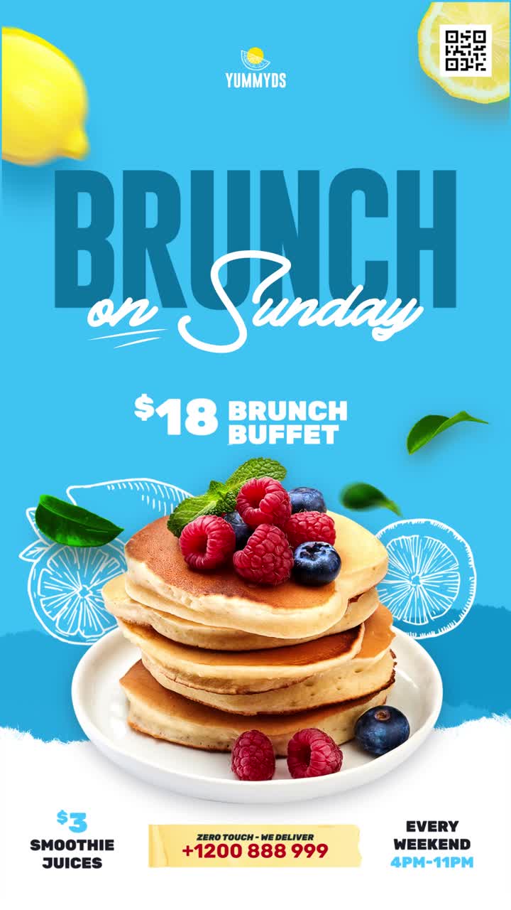 Annuncio Animato per Brunch con Pancakes e Frutti di Bosco Freschi