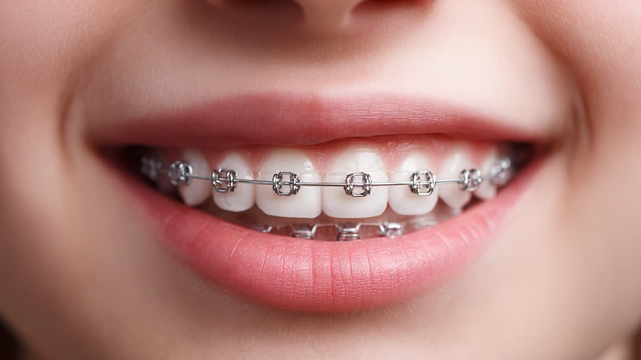 Bright Smiles with Braces: A Close-Up View of Dental Braces Enhancing Oral Aesthetics and Promoting Healthy Teeth Alignment in Young Patients