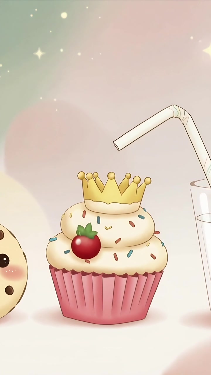 Video verticale: Telecamera che panoramica, spingendo un cupcake rosa al centro di una scena pastello, con una corona e una cannuccia.