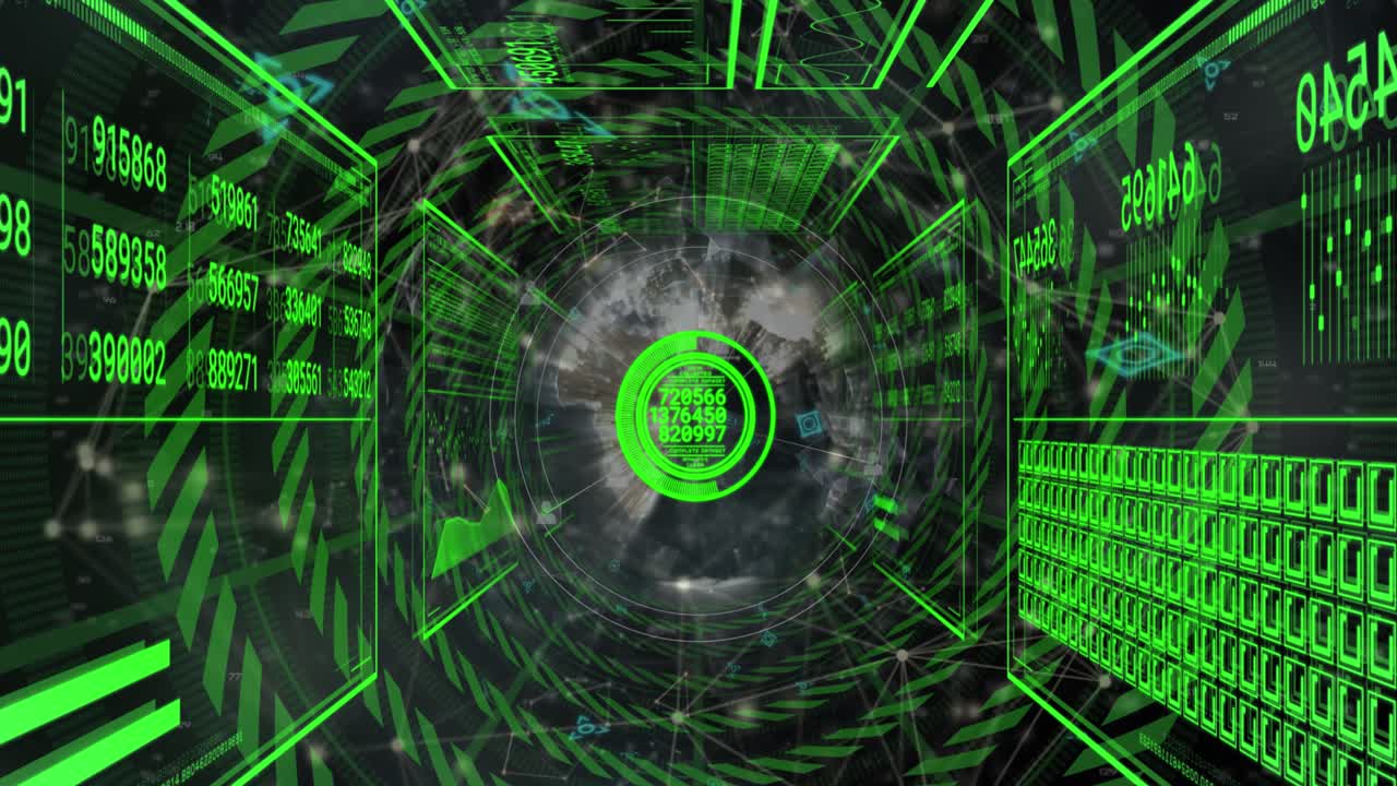 Animation of rotating safe lock and data processing on black