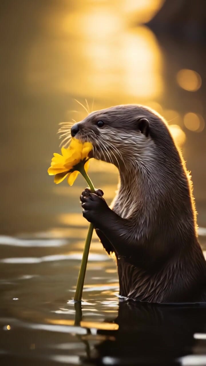 Nutria adorable sosteniendo y oliendo una flor amarilla en el agua