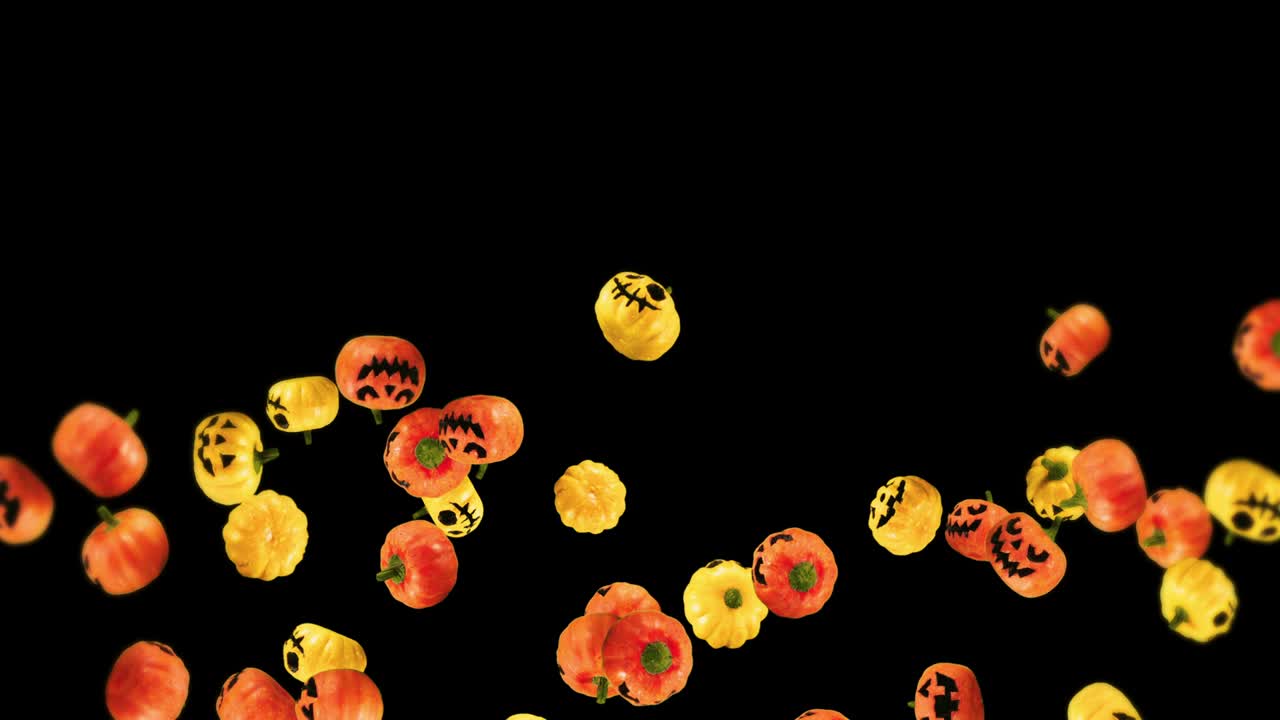Flying many orange and yellow pumpkins on black background. Cartoon faces with smile. 3D animation for the holiday Halloween. Loop animation.