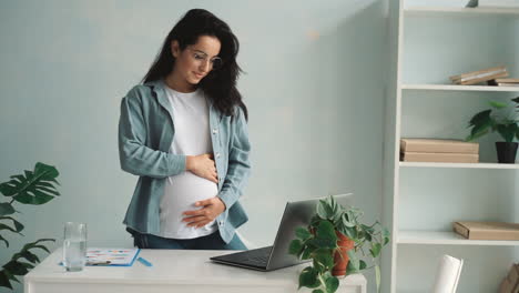 joven mujer de negocios embarazada trabajando con una computadora portátil en casa