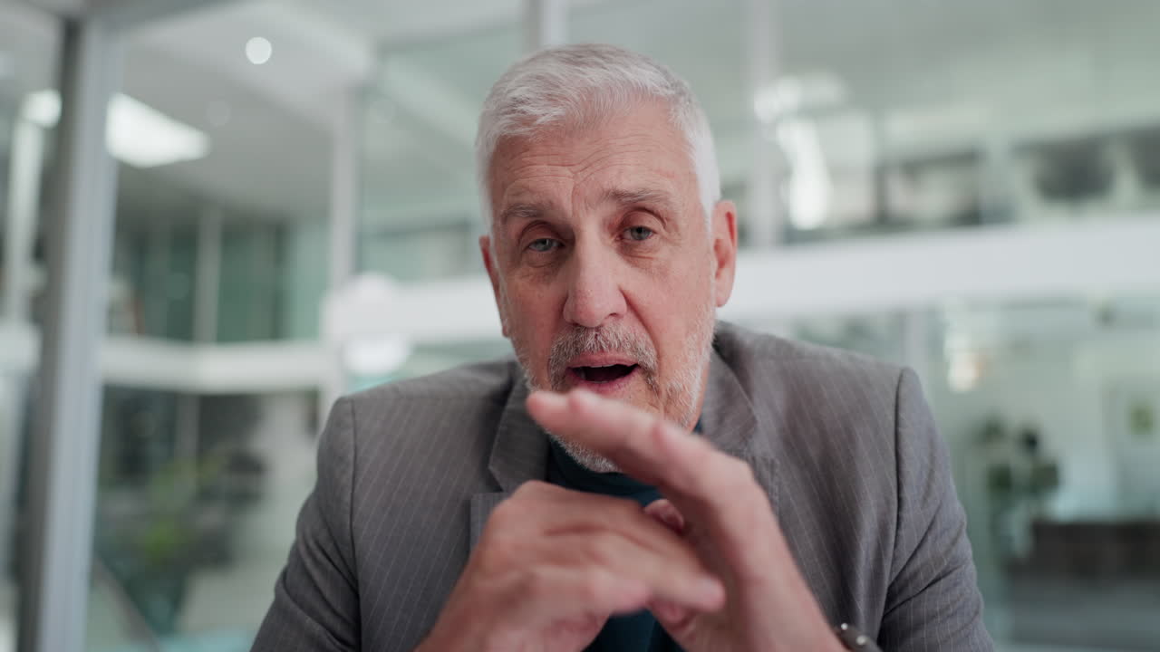 Senior Businessman Talking and Gesturing During Video Call