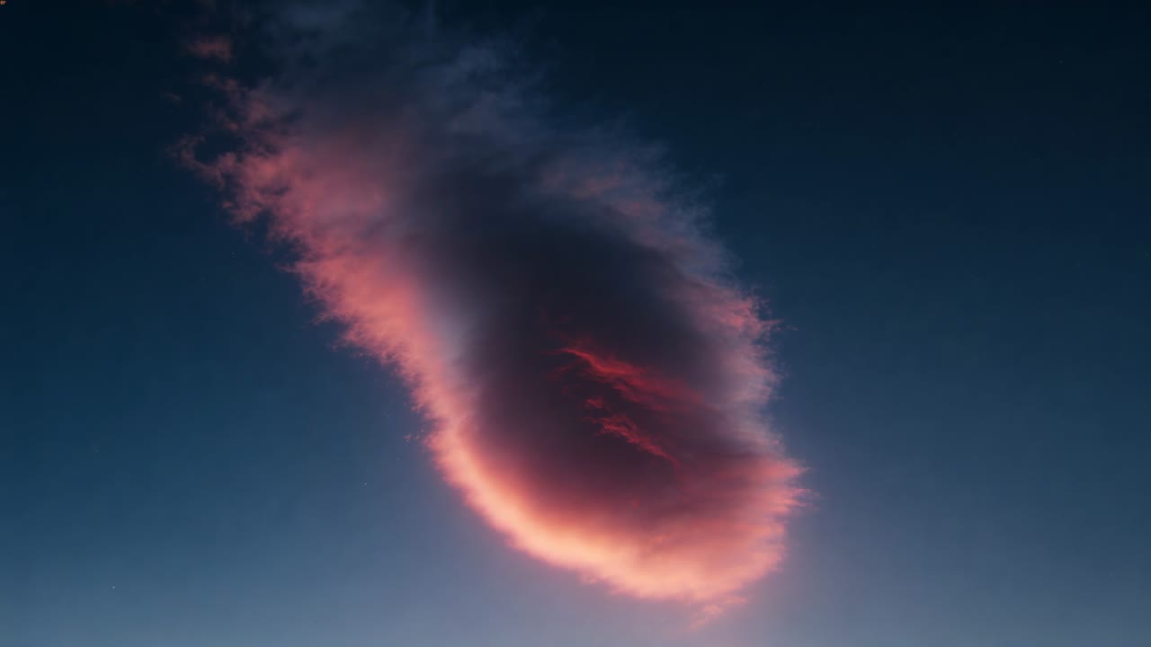 Drifting teardrop cloud rotating slowly downward at dusk, low sun casting warm rim and horizon glow
