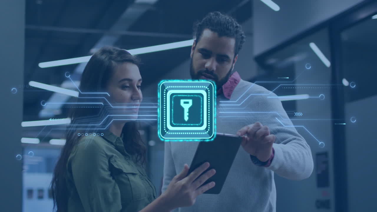 animación de la red de conexiones con icono clave sobre diversas personas de negocios en la oficina