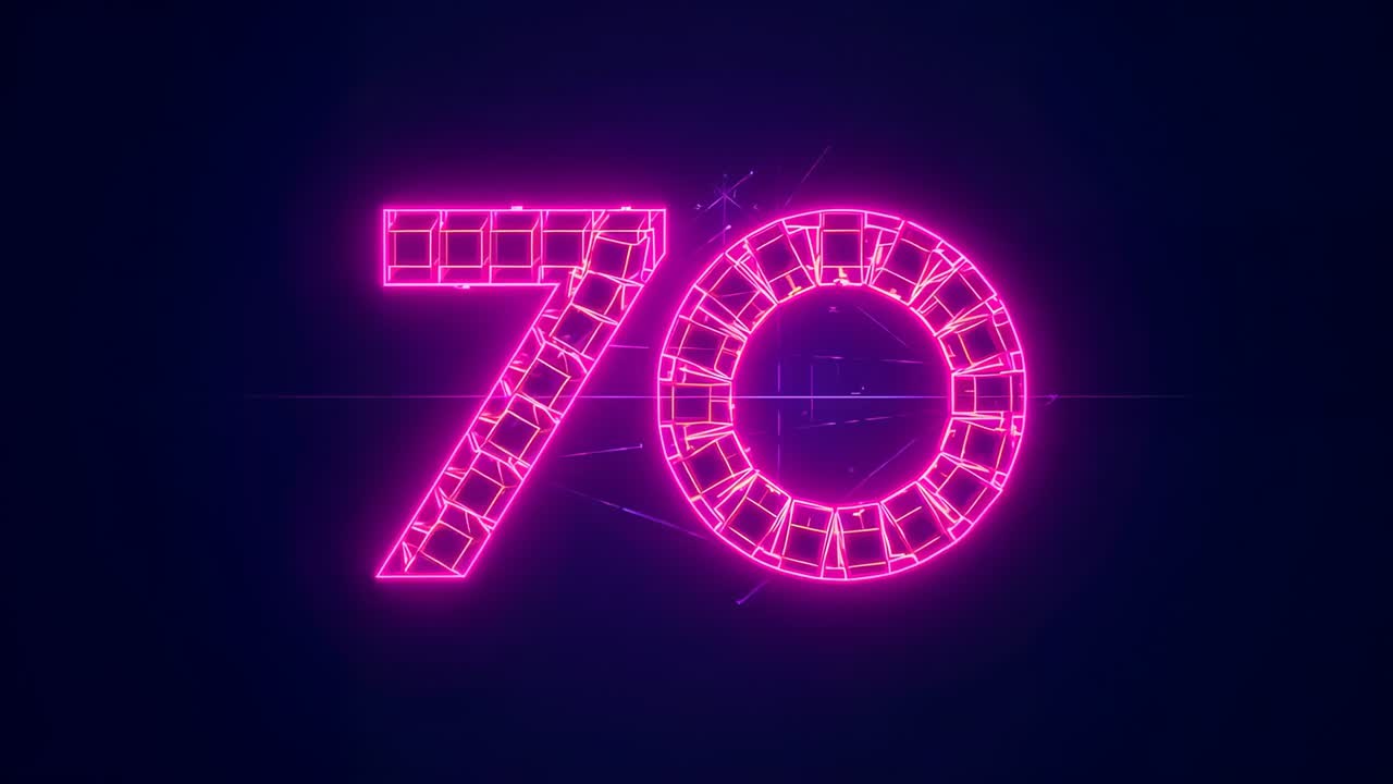 At start, animating neon 70, ring segments brightening, smoothing, revealing glow on blue backdrop