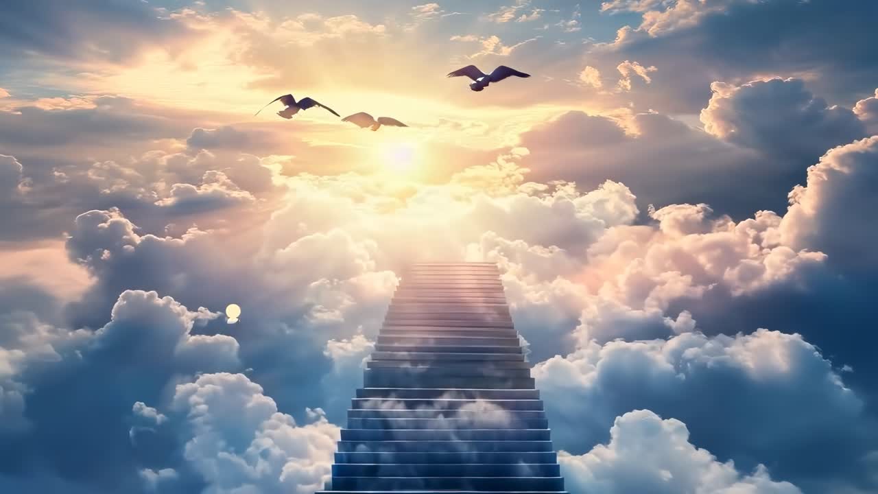 A surreal video concept of a stairway leading into the clouds, captured from a low angle, with birds
