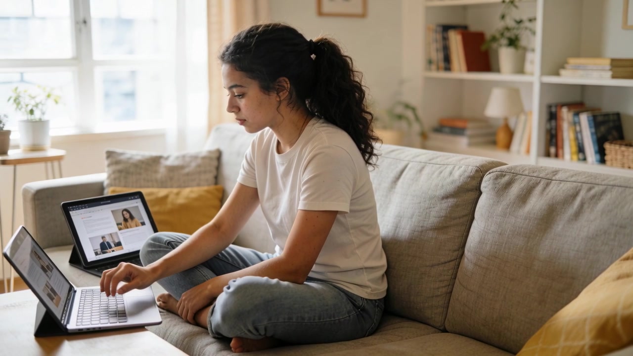 Settling woman in T-shirt and jeans working on laptop on living room sofa, glancing at tablet