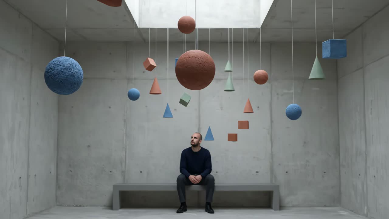 Uomo che contempla un'installazione di arte astratta in una galleria moderna