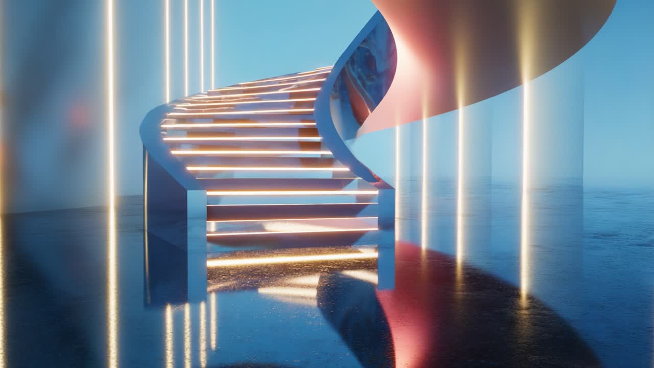 An Enchanting Spiral Staircase Illuminated by Soft LED Lights, Creating an Ethereal Atmosphere Surrounded by Smooth Reflections, Offering a Glimpse Into a Dreamlike Space of Modern Architectural Design