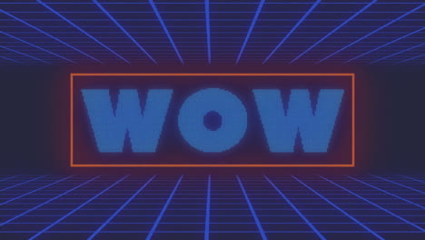 animation of wow text over red abstract shapes and grid network against blue background