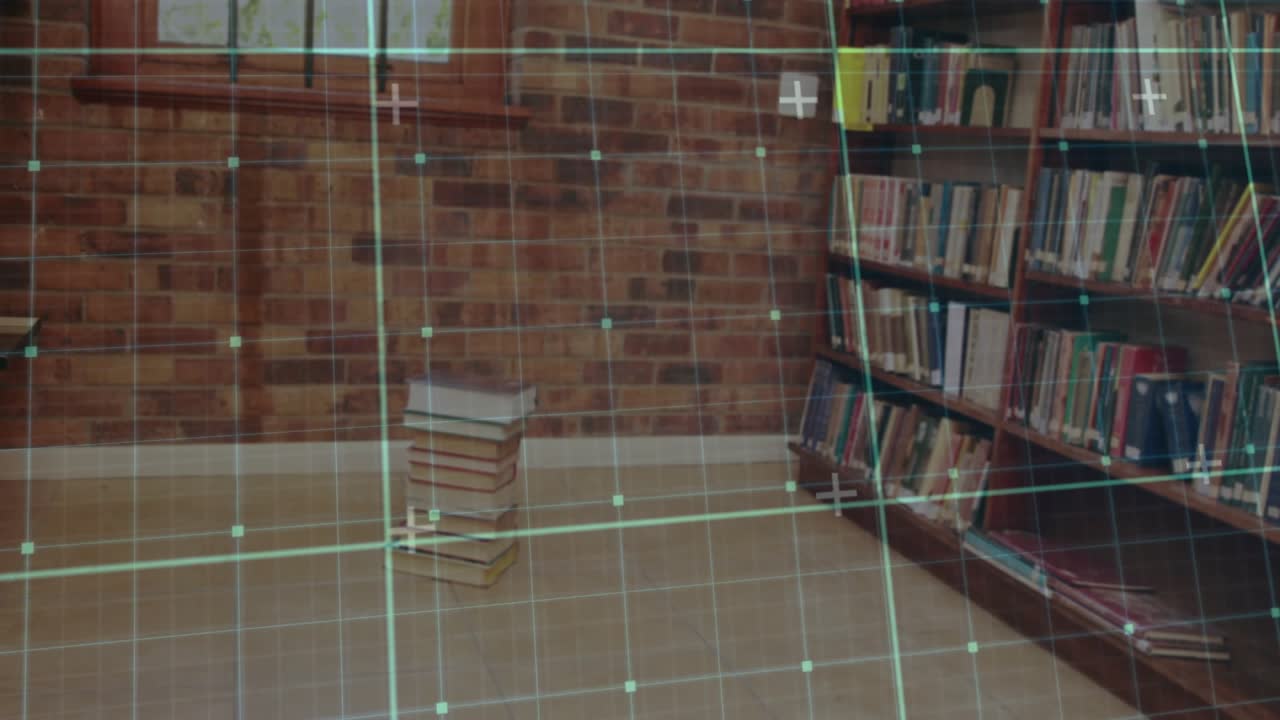 Grid overlay scanning brick wall initiating girl stacking books as seat turning pages for education
