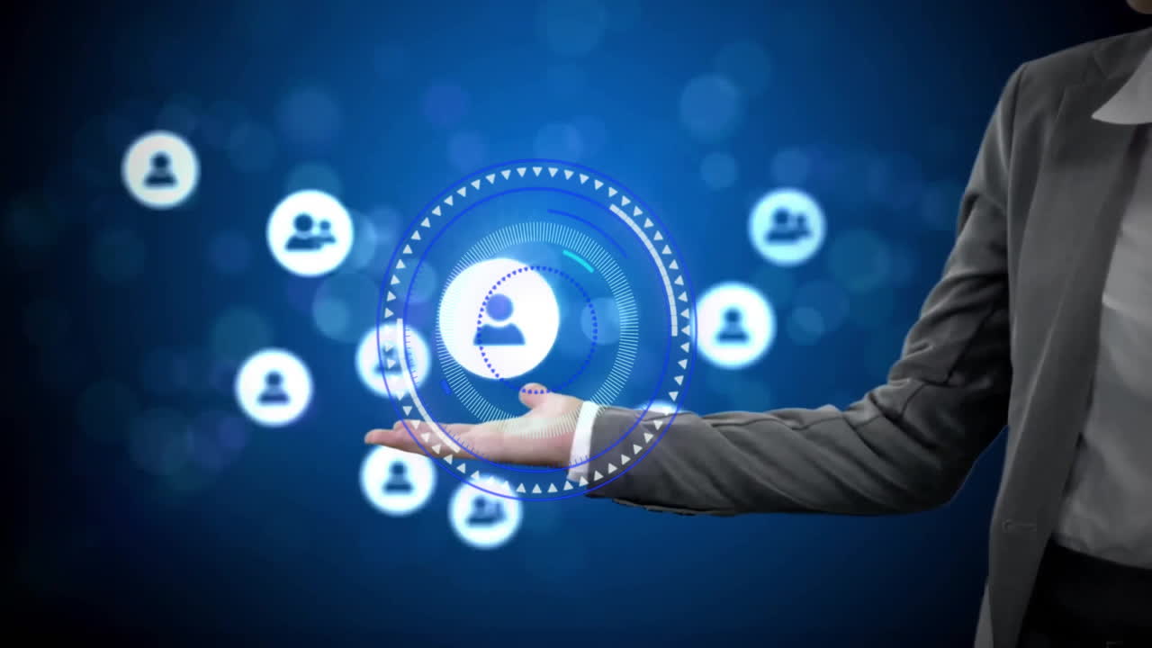 con la mano extendida, hombre de negocios con una red de iconos de usuario animación sobre fondo azul
